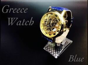 腕時計　時計 ギリシャ文字 レザー　革　アナログ メンズ クォーツ 高品質 レザーベルト ウォッチ　男女兼用　スケルトン ブルー