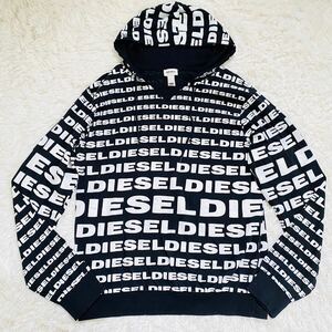 1円〜【未使用級】DIESEL 総柄 ブランドロゴ スウェット パーカー フーディー プルオーバーパーカー L 大きいサイズ メンズ 黒 白 コットン