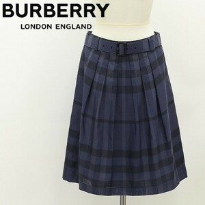 美品 国内正規品◆BURBERRY LONDON バーバリー ロンドン シルク混 チェック柄 ベルテッド スカート ネイビー 40