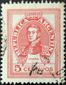 【外国切手】 アルゼンチン 1945年 発行 普通切手、サンマルティン将軍-1 消印付き