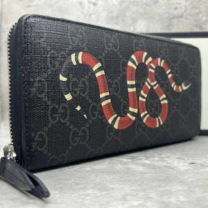 【希少/未使用級】 GUCCI グッチ メンズ ビジネス 長財布 ラウンドファスナー スネーク 蛇 GG柄 ブラック 黒 PVC 本革 レザー 小銭入れ