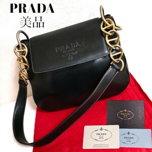 極美品 PRADA 証明書付き 高級オールレザー チェーン ヴィンテージ 黒 ショルダーバッグ トートバッグ プラダ レザー ブラック ゴールド