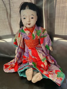【レトロ】日本人形　市松人形　アンティークドール　抱き人形　在銘　人形師重清　清月？　検:着物　和装　時代物　直接引取り歓迎
