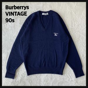 【希少】90s SCOTLAND製 Burberrys バーバリー Vネック セーター ニット ラムウール 刺繍ワンポイント