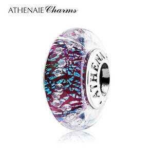 THENAIE パンドラ適合 ビーズチャーム シルバー925 ムラーノ Murano 925Silver Charm Bead Fit Pandora ダークパープルシマー