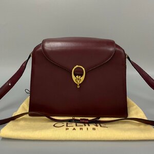 1円 極美品 保存袋付 CELINE セリーヌ ヴィンテージ ゴールド 金具 カーフ レザー 本革 ショルダーバッグ ポシェット ボルドー 29384