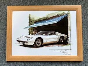 ■BOW。池田和弘『Lamborghini Miura SV』B5サイズ 額入り 貴重イラスト 印刷物 ポスター風デザイン 額装品 アートフレーム 旧車