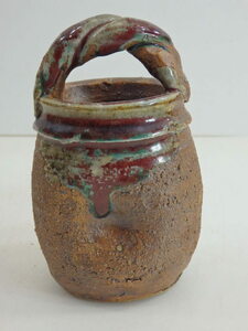 HT◇信楽焼 花瓶 小型サイズ 手桶形持手付花瓶 花器 花入 1輪挿し 陶印有 高さ約12㎝