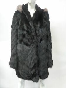 展示品・新品　ブラック　フィッシャー&フォックス毛皮ファー・コート　アメリカンサイズ8　フードつき