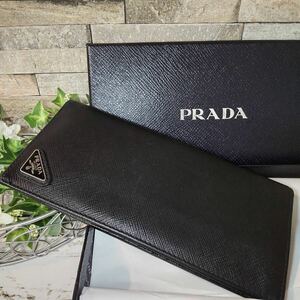 1円【未使用級 現行品】PRADA プラダ 長財布 折り財布 ウォレット レザー ブラック 黒 正規品