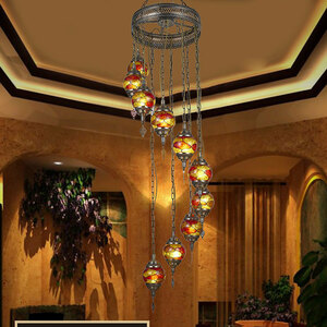 jp39トルコランプ　職人手作り 10灯式　カラーガラス　吊り下げ照明　古風　リビング、寝室、レストラン、カフェー、ホテル