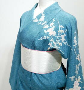 ▲(R602-B301)訪問着 友禅 四季の花 ブルー 正絹 たたき染 三段ぼかし 暈し 和装 着物