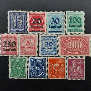 J600 ワイマール共和政体切手「数字切手8種（加刷・高額含む）、ポストホルン2種、労働者2種 計12種セット」未使用