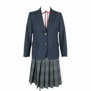 1円 ブレザー チェックスカート 紐タイ 上下4点セット 150A カンコー 冬物 女子 学生服 中学 高校 紺 制服 中古 ランクB NA0994