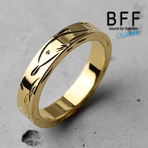 BFF ブランド ドルフィン 幅4mm 平打リング ゴールド 18K GP 金色 スクロール 手彫り 専用BOX付属 (23号)