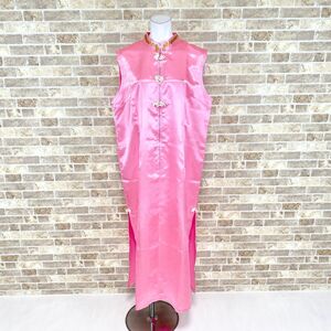 1円 チャイナドレス 袖無し ロングワンピース 大きなサイズ ピンク光沢 コスプレ カラードレス キャバドレ フォーマル 中古３８５９