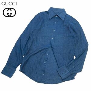国内正規品 GUCCI グッチ L/S LINEN DRESS SHIRT リネン デニムシャツ 長袖 ドレス shirt ビジネス ロゴ ボタン 40 インディゴ ブルー