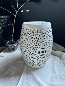 中国 アンティーク 陶器 透かし ランプ 高さ41cm ライト インテリア 古美術