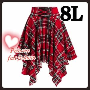 ★特別御奉仕品★【8L／レッド】チェック柄編み上げ＊アシンメトリー＊ミニスカート＊大きいサイズ＊レディース＊コスプレ＊女装＊V系