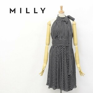 美品◆MILLY/ミリー 水玉 ドット柄 シルク100％ シフォン アメリカンスリーブ フレア ワンピース ブラック×オフホワイト 8