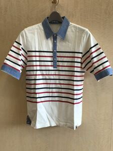 USED品 TETE HOMME 五部袖 マルチボーダー ポロシャツ プルオーバー ドットボタン Lサイズ