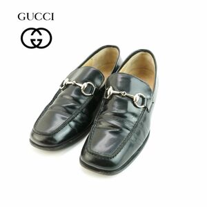 GUCCI グッチ 7 24.0~24.5 ローファー イタリア製 ヒール シルバー金具 レザー 黒 ブラック/LC52