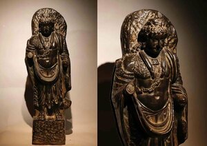 ■観心・時代旧蔵■C3775クシャーン朝時代 仏教古美術・ 時代古仏 ガンダーラ石仏 灰色片岩石彫 ガンダーラ