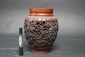 陵山作　高岡銅器　鋳銅　唐草 透かし彫 花器