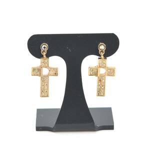 Y.Wp 1円スタート Christian Dior クリスチャンディオール 十字架 クロス ピアス ゴールドカラー ラインストーン レディース アクセサリー