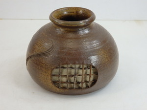 HT◇信楽焼 花瓶 壺 花器 花入 茶道具 竹格子付 陶印有 高さ約10㎝