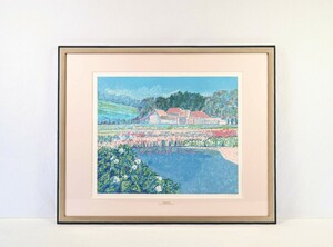 真作 アンドレ・バルリエ リトグラフ「青い小池 南仏」画55×46cm 仏人作家 南仏の温暖な気候、朴納とした気質を感じる池畔の花畑風景 9025