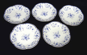 ●NARUMI ナルミ（鳴海製陶） / 日本製・プチプレート・5枚セット・小皿・箱入・金彩　花柄　ブルー / 未使用品