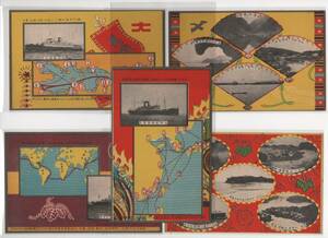絵葉書　中国　台湾　朝鮮　航路　地図　大阪商船　船舶　蓬莱丸　５枚セット