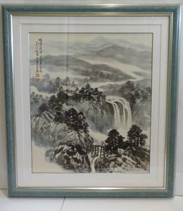 真作保証 中国画家 牛子華 ＜四川之印象＞ 大作 額付絵画 中国 画家 水彩画 水墨画　肉筆 墨彩画 逸品 額付絵画 共箱 額装 中国 美術 0415