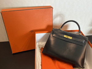 13223-04★エルメス/HERMES ケリー 32 ボックスカーフ ハンドバッグ ブラック ゴールド金具★1円～★