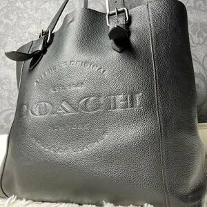 美品COACH コーチ ハドソン トートバッグ ビジネス ペプルドレザー シボ革 ブラック ロゴ型押し 黒 肩掛け A4可 メンズ ブリーフケース