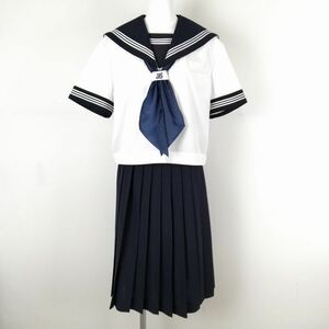 1円 セーラー服 スカート スカーフ 上下3点セット 175B 大きいサイズ 特大 夏物 白3本線 女子 学生服 中学 高校 白 中古 ランクC EY7910