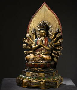 仏教古美術 中國 清代 チベット密教 銅製塗金 彩繪 十八臂准提菩薩 仏像 時代物 供養品 細密彫 置物 中国古美術 唐物