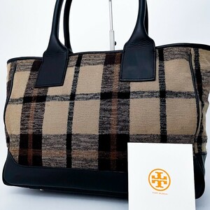 1円〜■良品■Tory Burch トリーバーチ 総柄 チェック キャンバストートバッグ ビジネス 大容量 A4 レディース メンズ レザー ベージュ黒