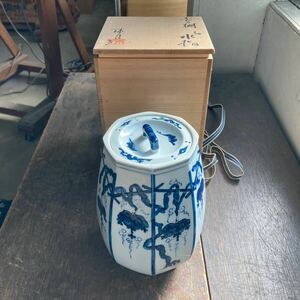 京焼 鈴木康月 造 ぶどう棚 水指 染付 共箱付き 茶道具 コレクション