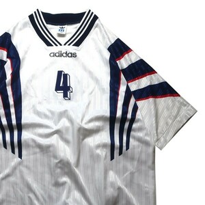 超希少! 90s adidas デサント製 フランス代表 タイプ 1996年 サッカー ゲームシャツ ユニフォーム 半袖 4番 ホワイト XO メンズ 古着