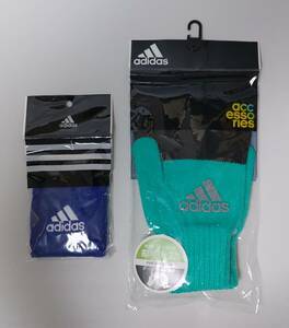 adidas 日本製 小物2点セット①2016 FOOTBALL PITCH GLOVE 黒×S.ミント×銀 グリップ付き 大人用+②2013 WRISTBAND 青※未開封品/未使用品