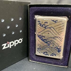 【未使用】ZIPPO ジッポー 2004年製 波柄 オイルライター シルバー × ブルー Zippo 喫煙具 コレクション 