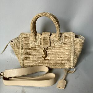 ▽【500円スタート】美品 サンローラン パリ YSL ダウンタウン カバス ラフィア 2WAY トート バッグ 肩掛け ショルダー レザー レディース 