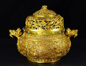 ▽鴻▽ 銅製 塗金 雙龍耳 三節熏香炉 置物 古賞物 中国古玩 中国古美術