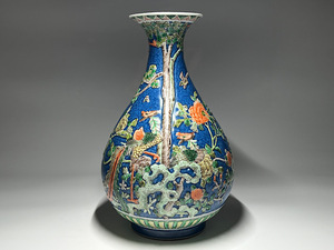 【瑞】時代　色絵　鳳凰蓮紋　花瓶　高：３２．３ｃｍ　中国美術