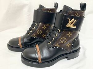 希少 超美品 ルイ ヴィトン LOUIS VUITTON ボーイッシュ ライン LV ツイスト モノグラム レザー ショート ブーツ 34 20.5cm～21cm シューズ