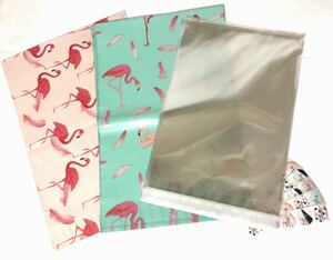 フラミンゴ柄 配送用ビニール袋 計21枚 A4 OPP袋テープ付き グリーン19枚 ピンク2枚 サンキューシールあり