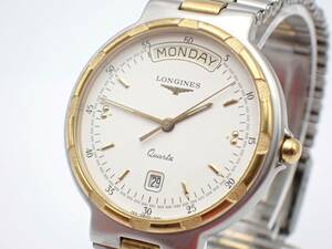 稼働品☆1円～☆LONGINES ロンジン QZ メンズ腕時計 Conquest コンクエスト 163 4961 白文字盤 デイデイト コンビカラー/62690-10