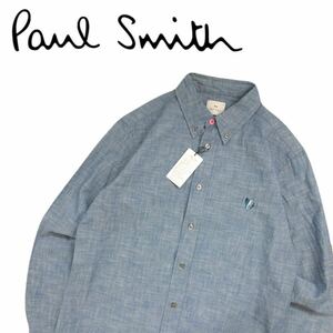 新品タグ付 インディゴ染 最高級 Paul Smith ボタンダウン シャンブレー 長袖シャツ ドレスシャツ メンズS ポールスミス しまうま 2404217